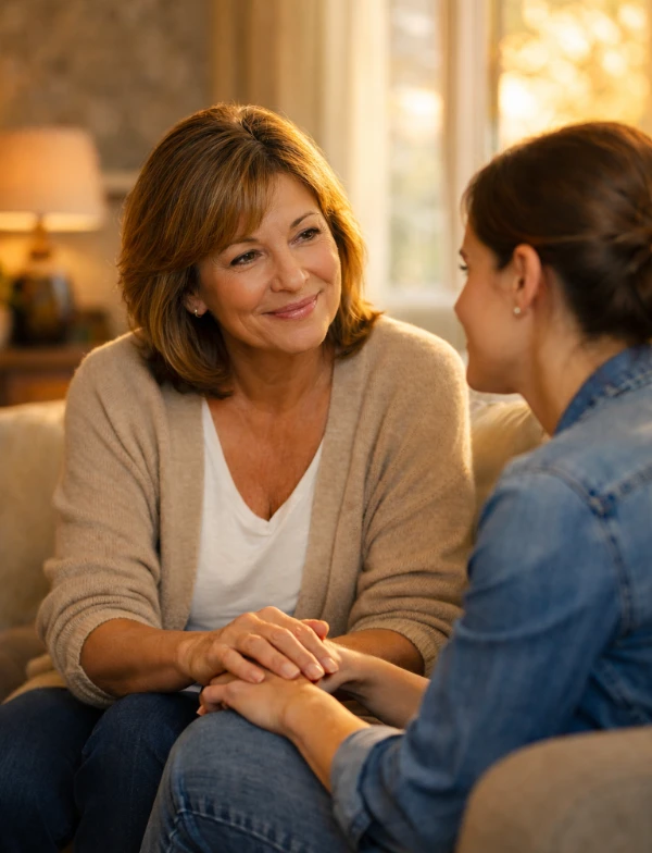 A breast cancer coach meeting one-on-one with a client in a warm, supportive setting